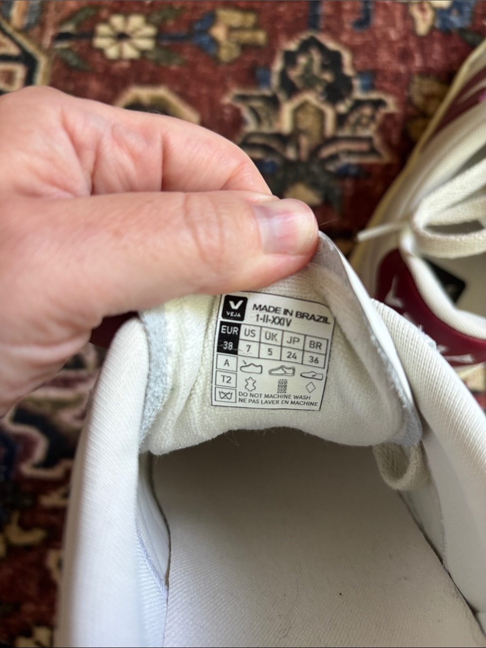 Veja V-90 White Leather Sneakers with Burgundy 'V' Accent - Picture 6 of 6